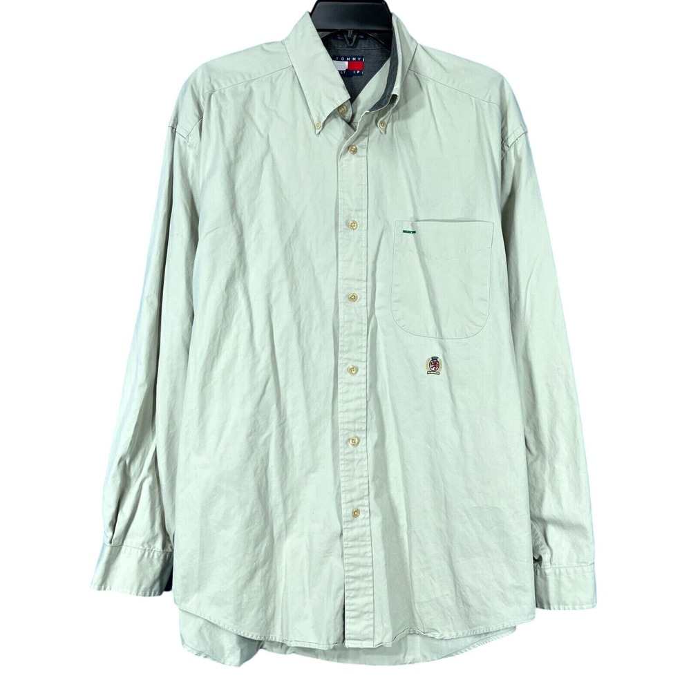 TOMMY HILFIGER Khaki Twill Button-Up Shirt SLEEVES HEMMED 2" SHORTER Sz M